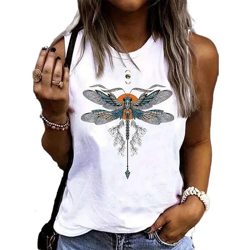 womens art dragonfly print casual loose round neck tank