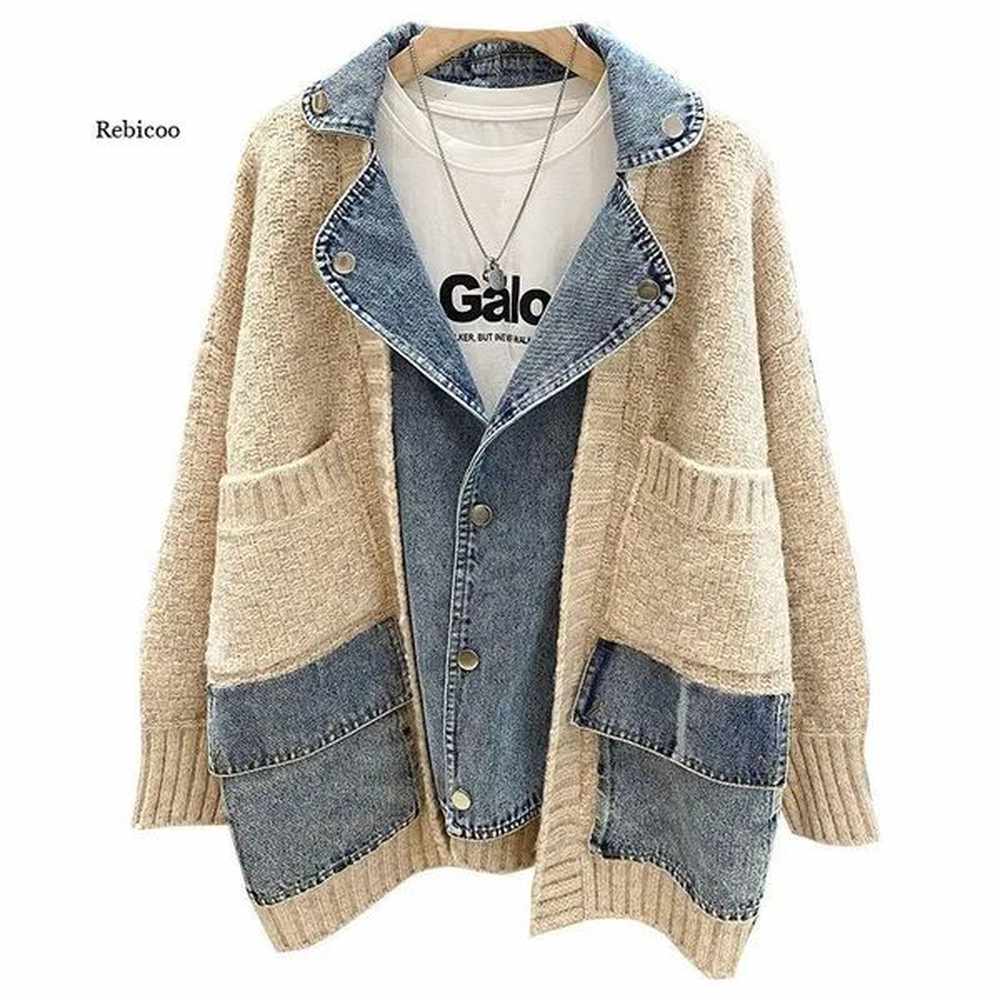 womens autumn and winter spliced denim jacket womens long sleeved