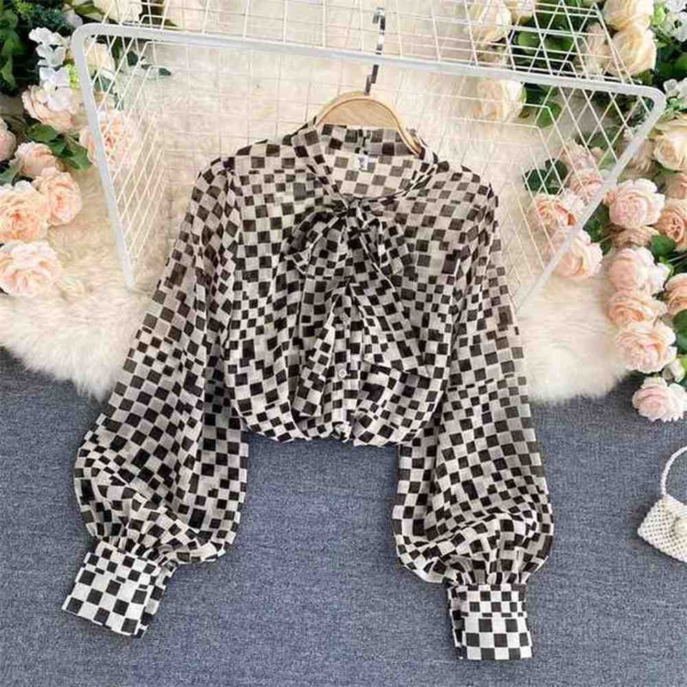 womens autumn blouse french retro bow oneck long sleeve plaid