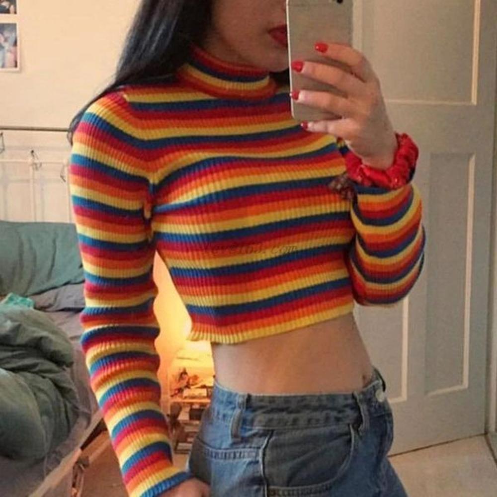 womens autumn long sleeve turtleneck sweater colorful rainbow stripes short