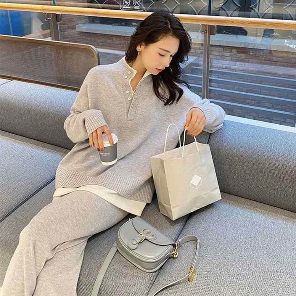 womens autumn sweater set with knitted wide leg pants twopiece