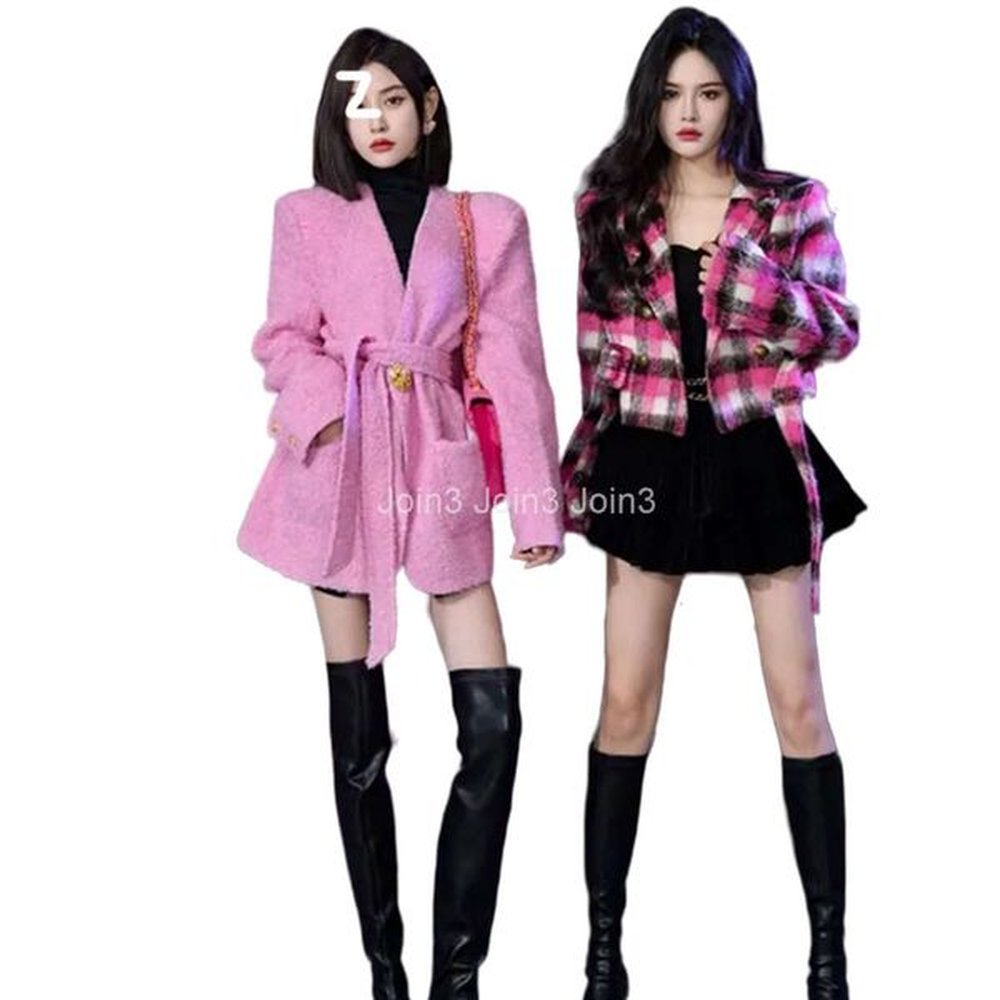 womens autumn winter vneck sashes woolen pink color blends coat