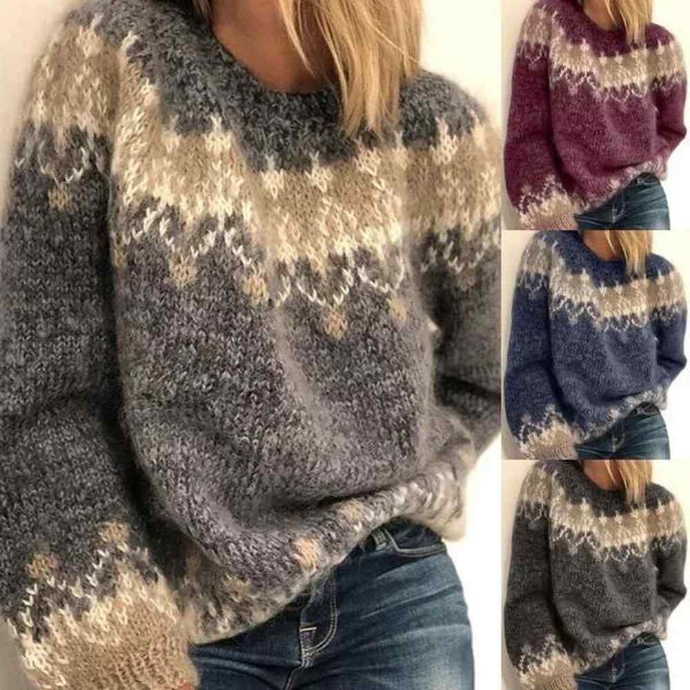 womens autumnwinter casual loosefit angora knit jacquard sweater crew neck