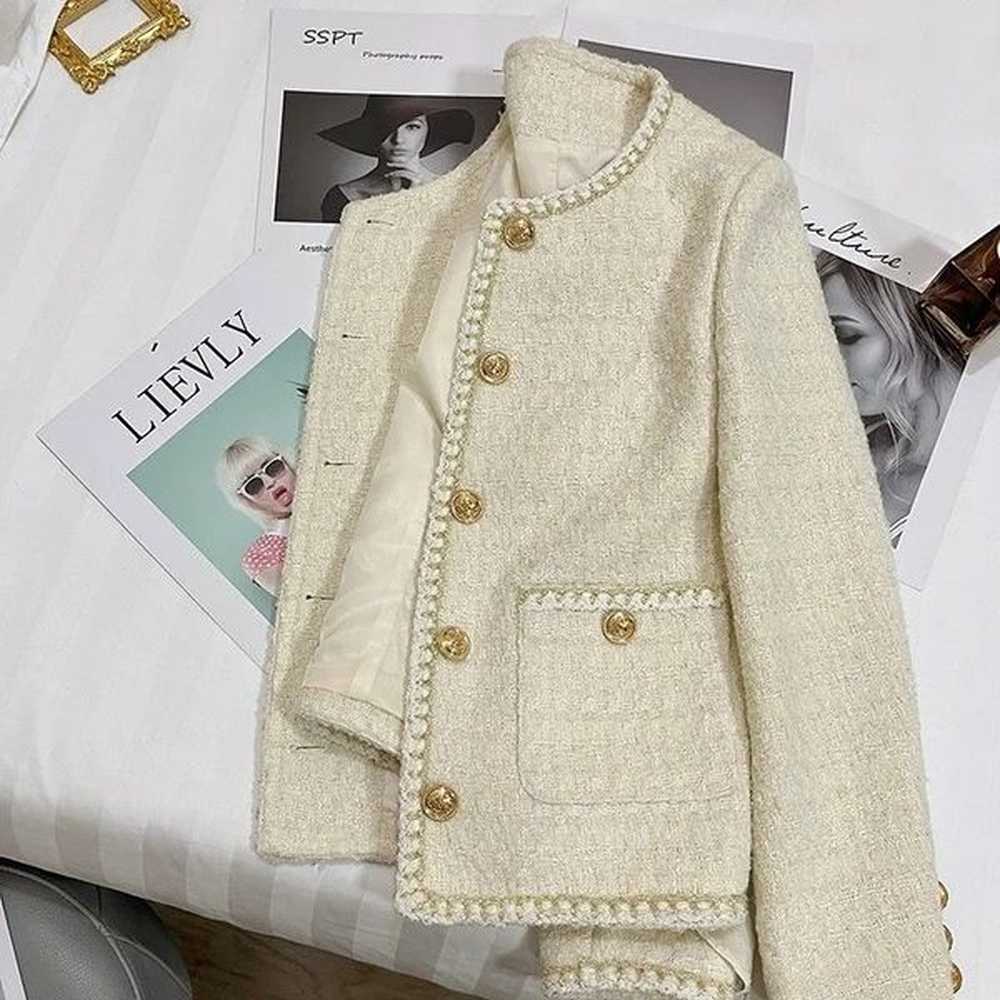 womens beige tweed jacket casual short office blazer with round