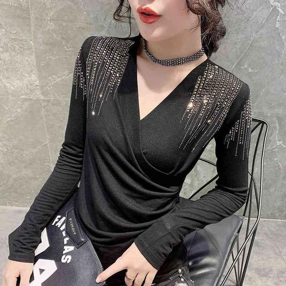 womens bling rhinestone tshirt autumn long sleeves v neck irregular