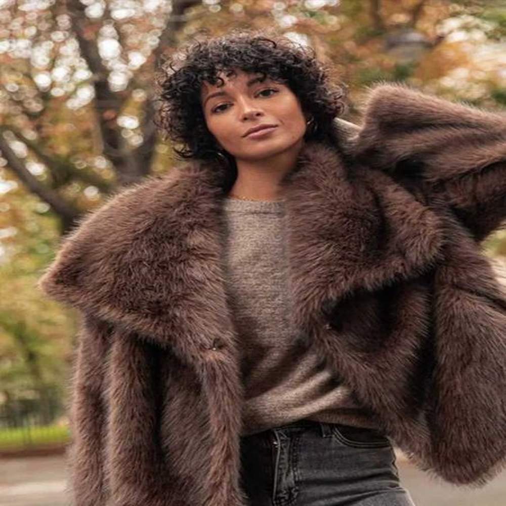 womens brown big lapel faux fur fury fashion fluffy long