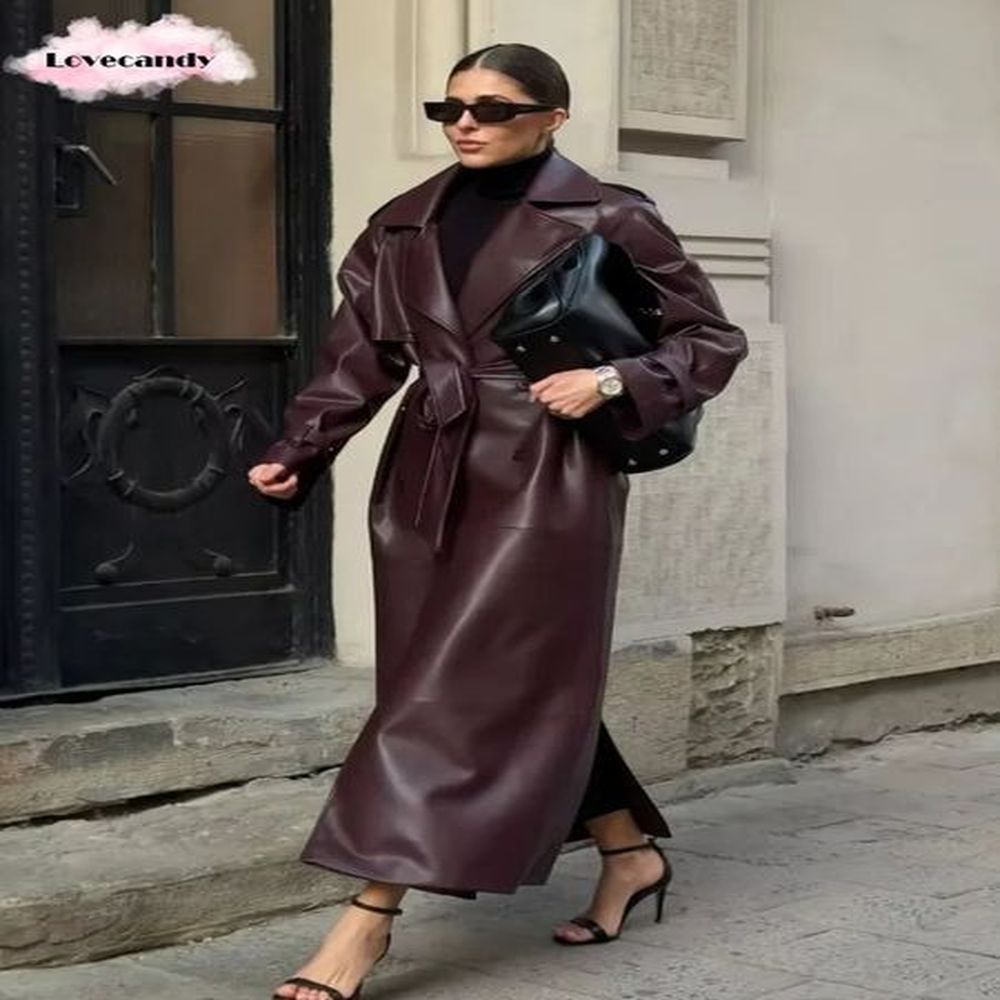 womens burgundy pu leather long coat fashion lapel vintage