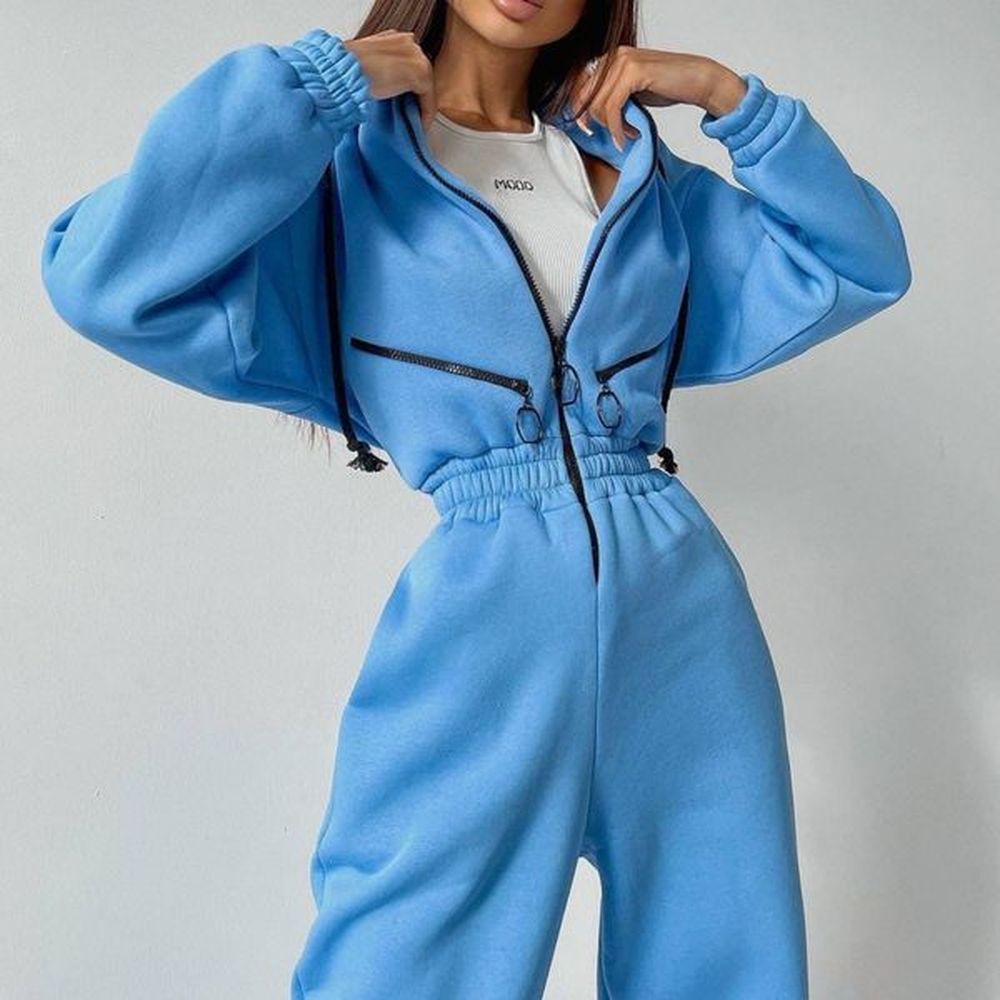 womens casual blue hoodie jumpsuit one piece tracksuit set polyester