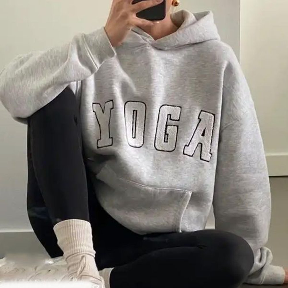 womens casual grey embroidered yoga letter print hoodie with loose