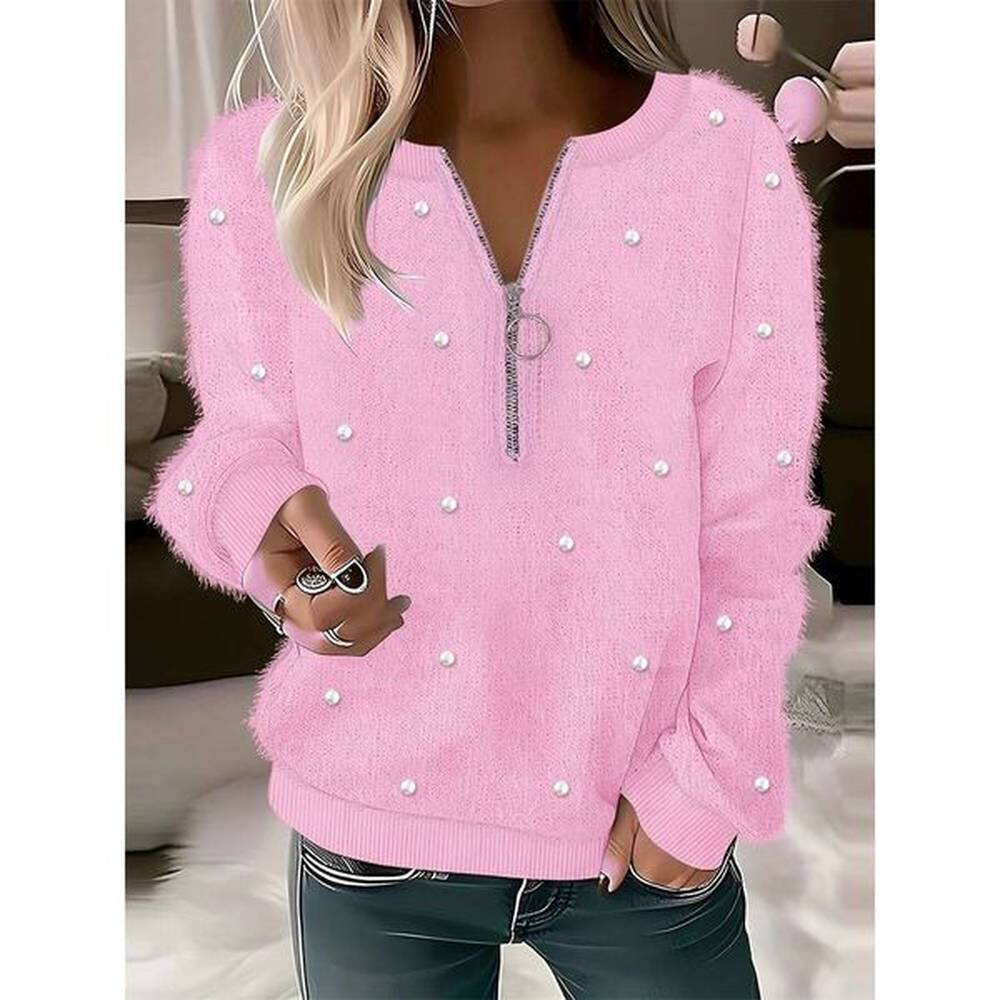 womens casual pullover sweater solid color round neck zip