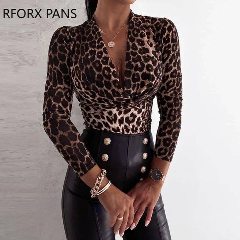 womens cheetah printed vneck long sleeved top and shirt