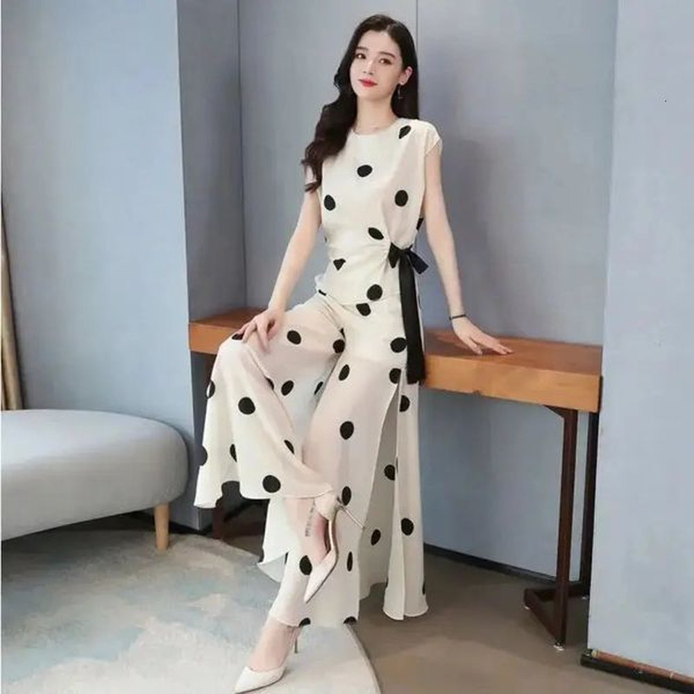 womens chiffon sport suit summer fashion polka dot wide leg
