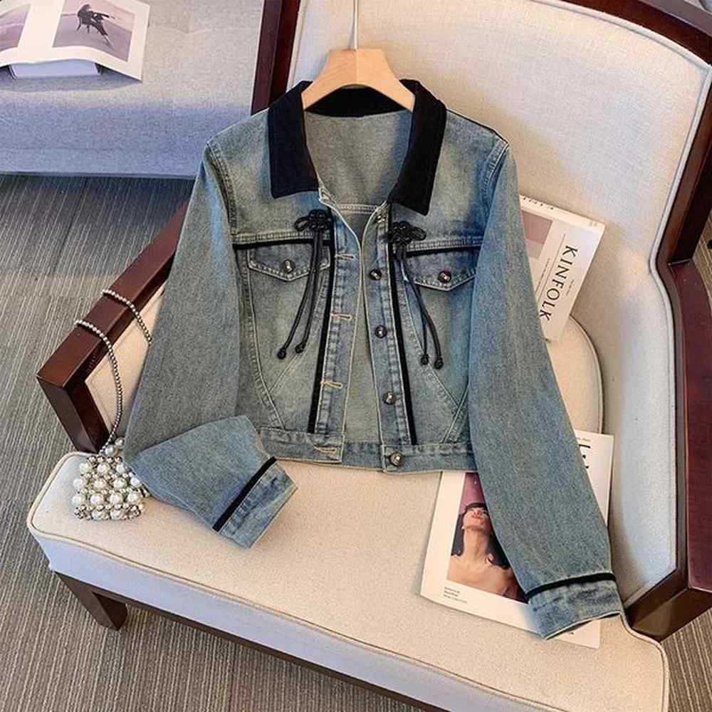 womens china button denim jacket with contrasting transit collar loose