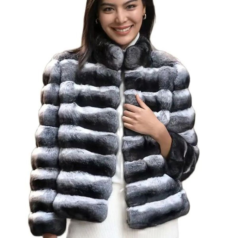 womens chinchilla striped jacket real rex rabbit fur allinone coat