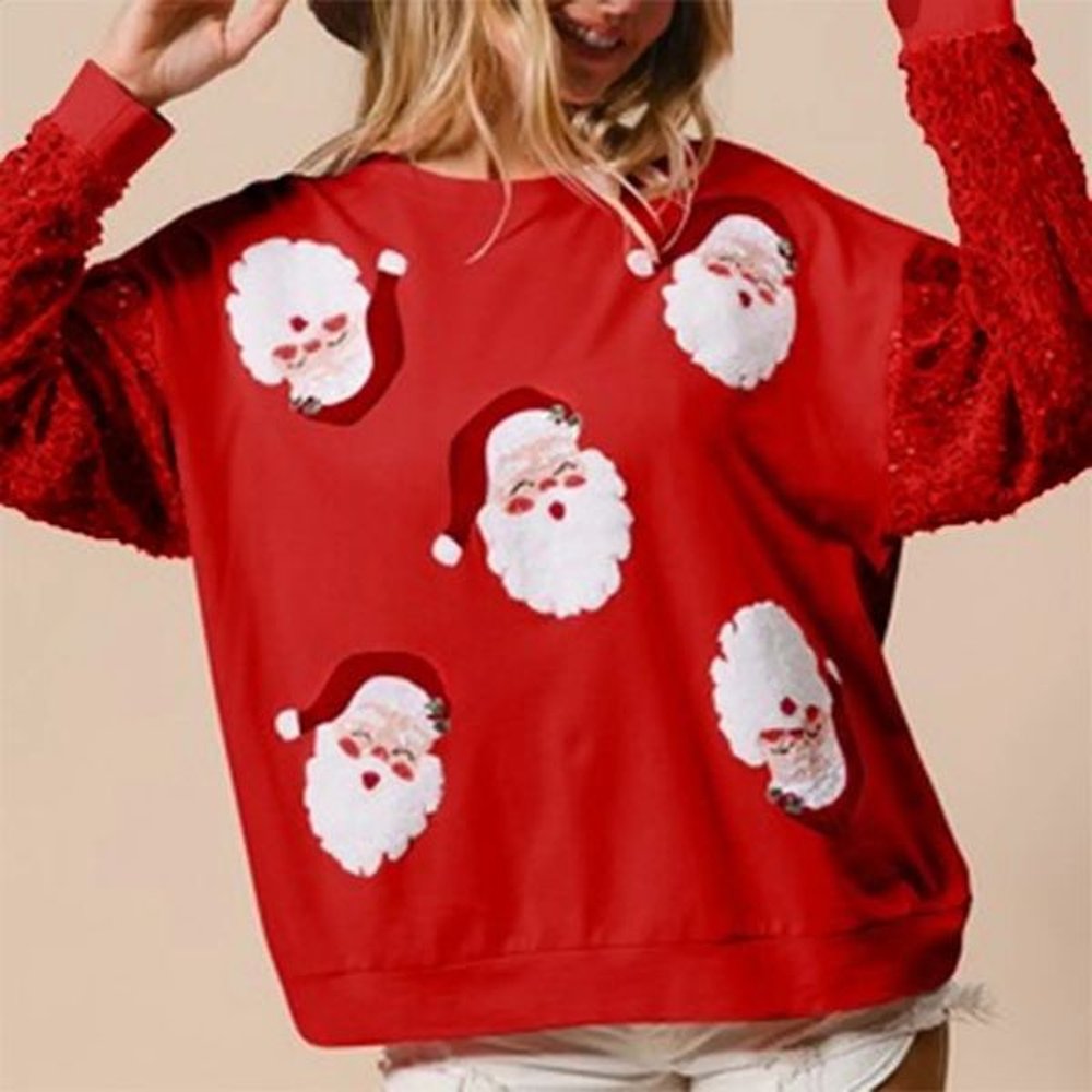 womens christmas sweatshirts winter sequined longsleeved santa print hoodie loose