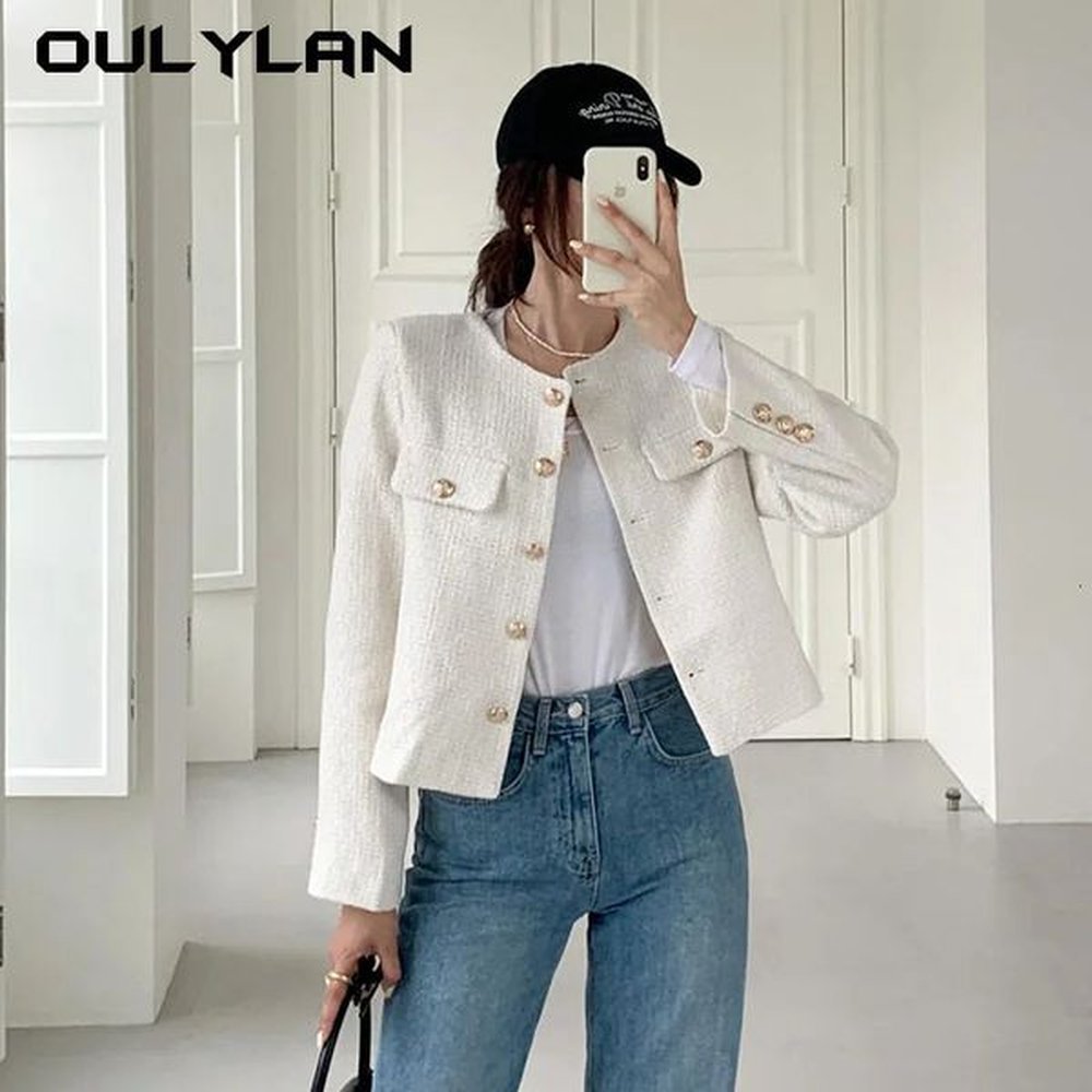 womens coarse tweed single chest open top jacket elegant long