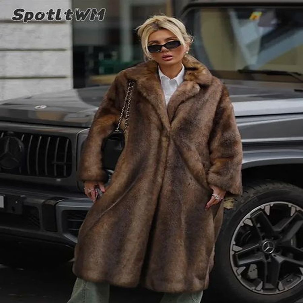womens dark brown faux fur single chest wool long trench