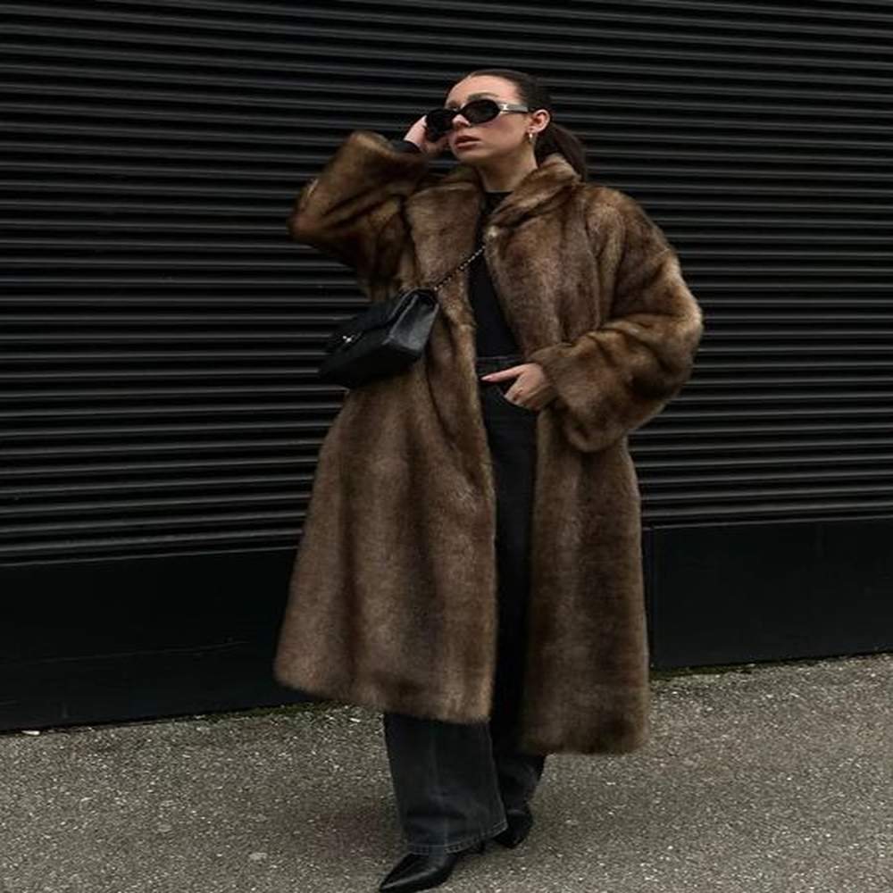 womens dark brown faux fur warm long coat single breasted