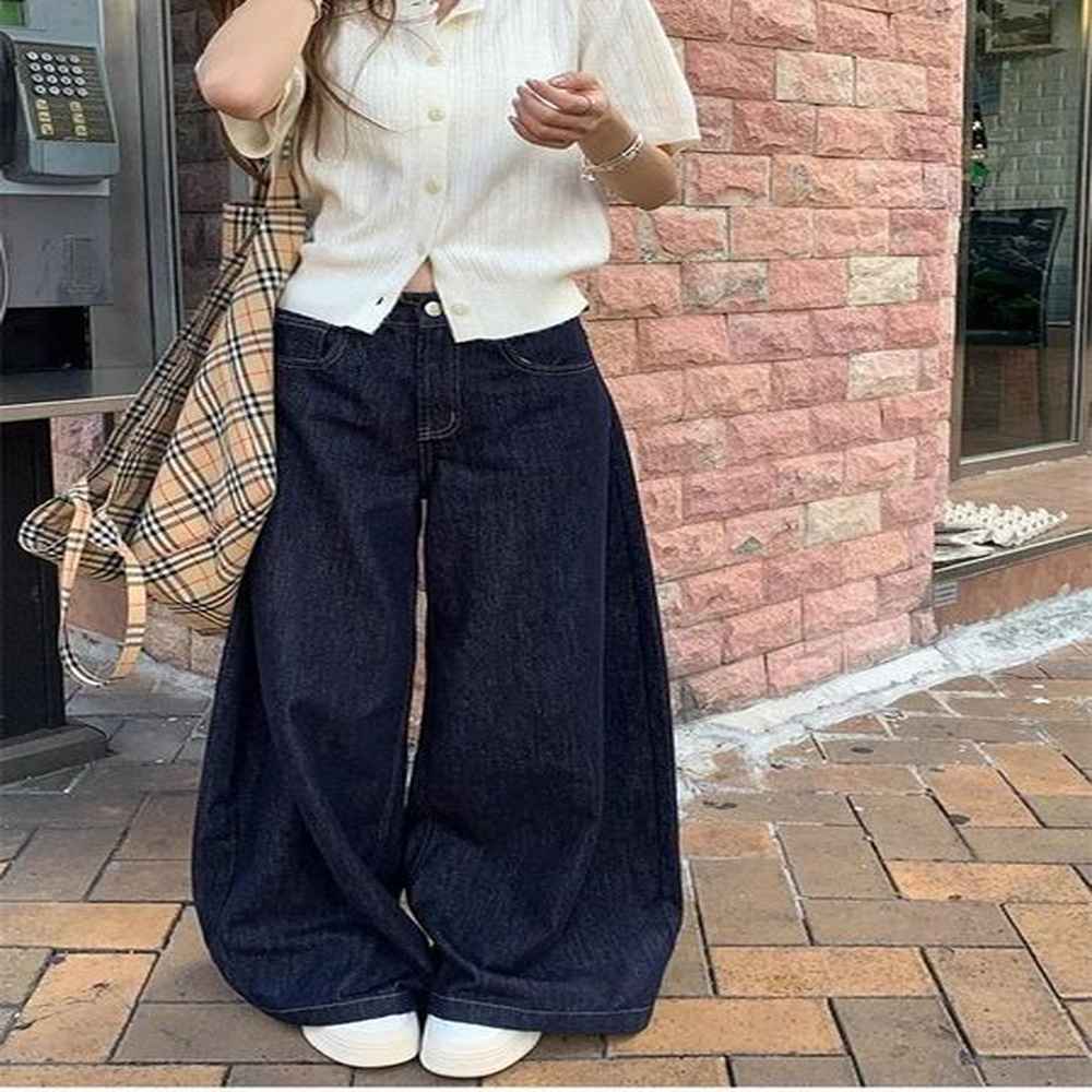 womens deep blue loose wide leg jeans street cool high