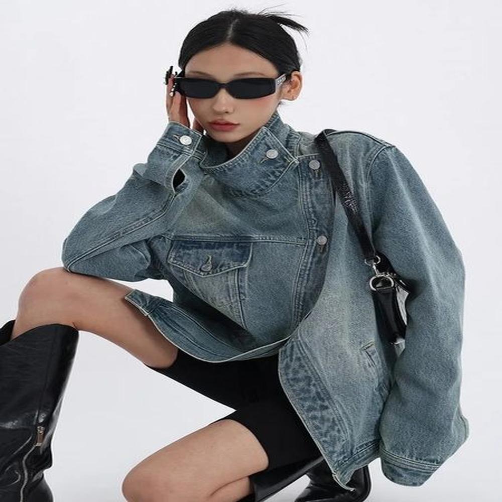 womens denim coat turtleneck single breasted full sleeve patchwork versatile