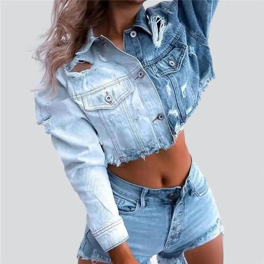 womens denim crop jacket fashionable retro hole long sleeved pocket