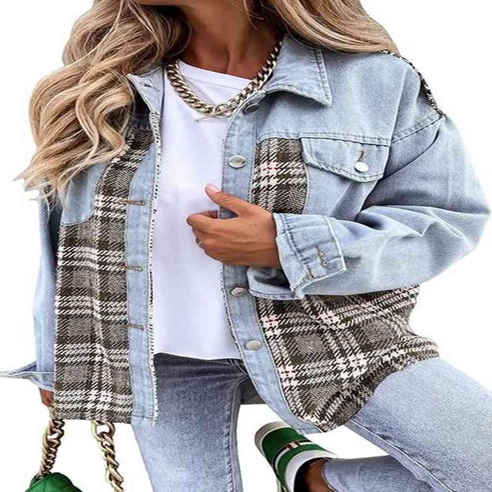 womens denim jacket long sleeve jean top plaid button down