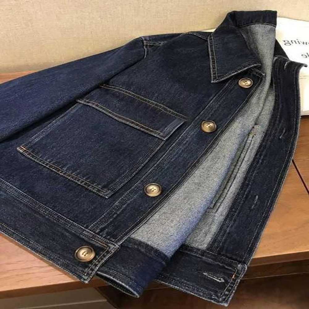 womens denim jacket retro chic with baggy lapels slim pockets