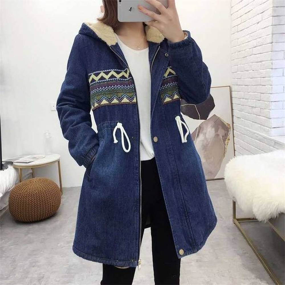 womens denim jacket winter printing warm thicken plus velvet cotton