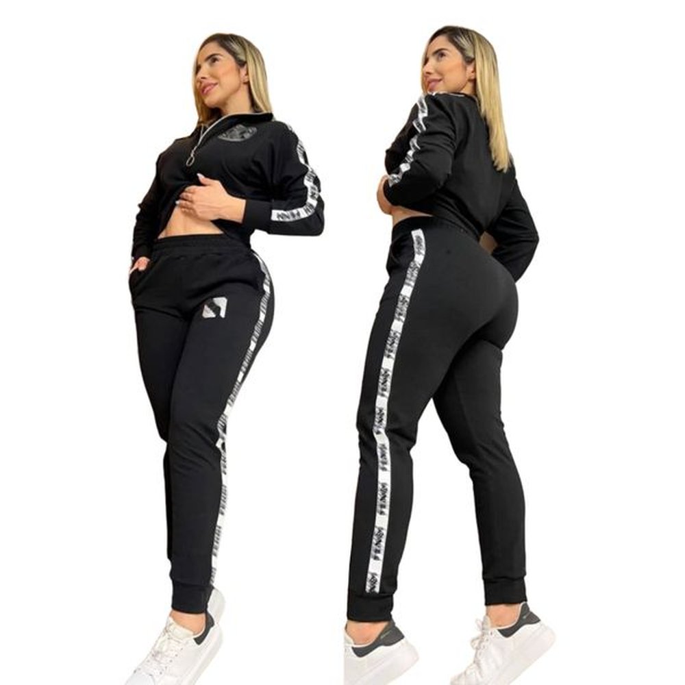 womens designer black sportswear two piece suit long sleeve zipper