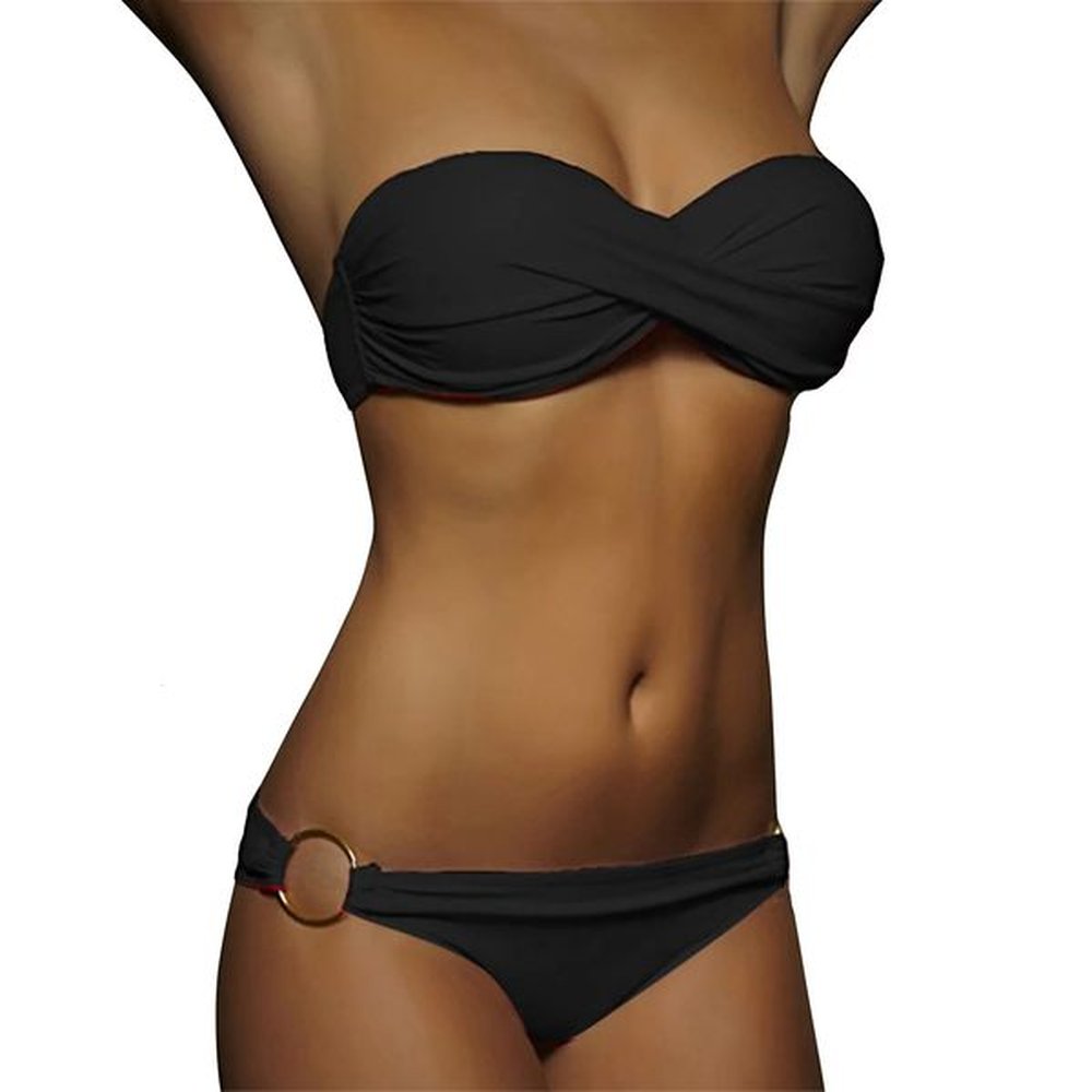 womens detachable shoulder strap high waisted bikini set metal ring