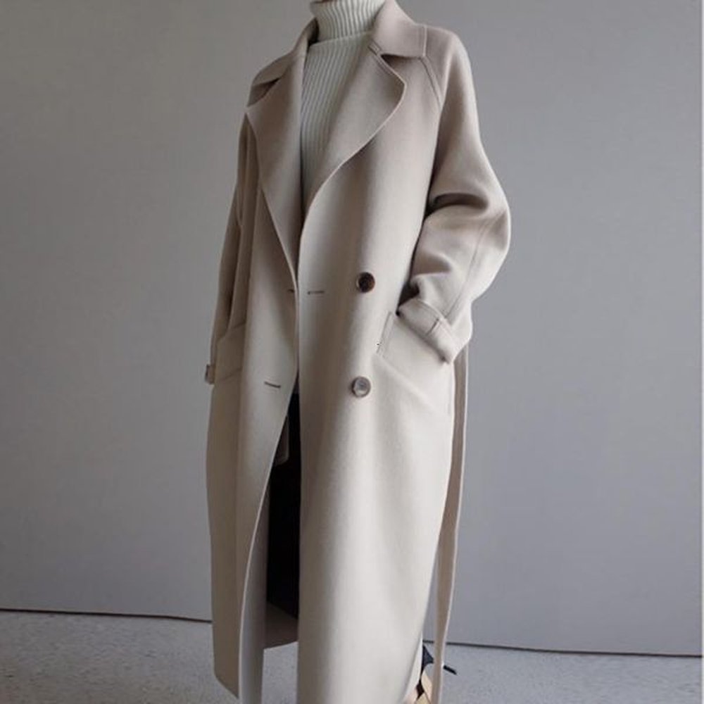 womens doublebreasted wool blend trench coat long loose solid