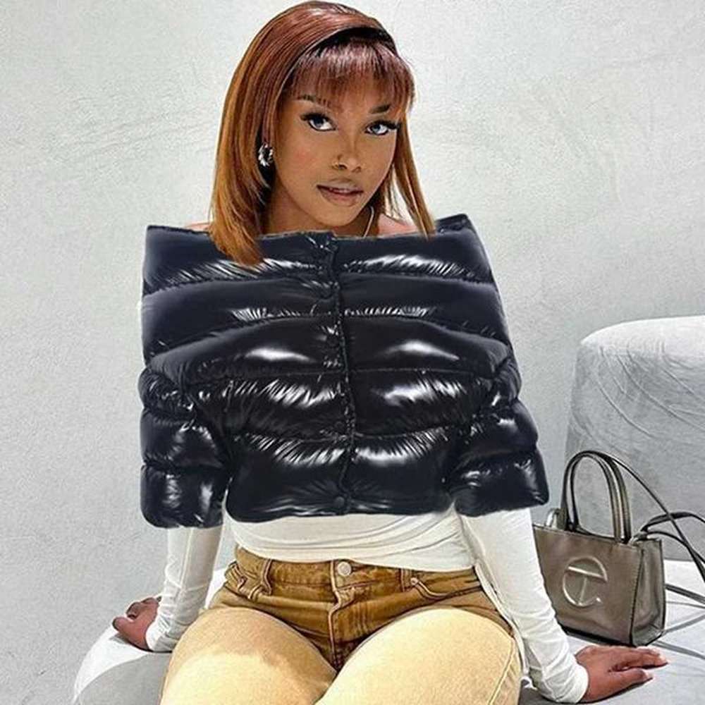 womens down parkas womens shiny black shoulder crop inflatable jacket