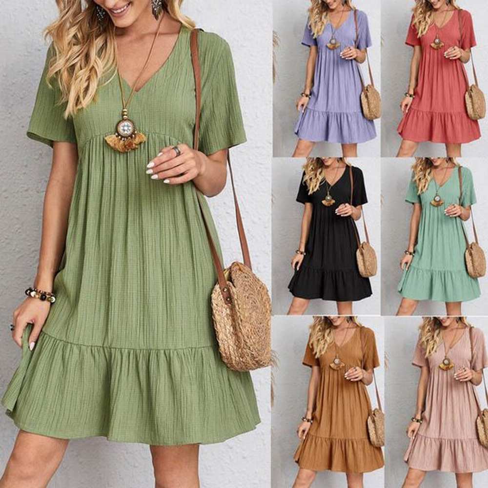 womens dress fashion vneck short sleeve pleated solid color loose