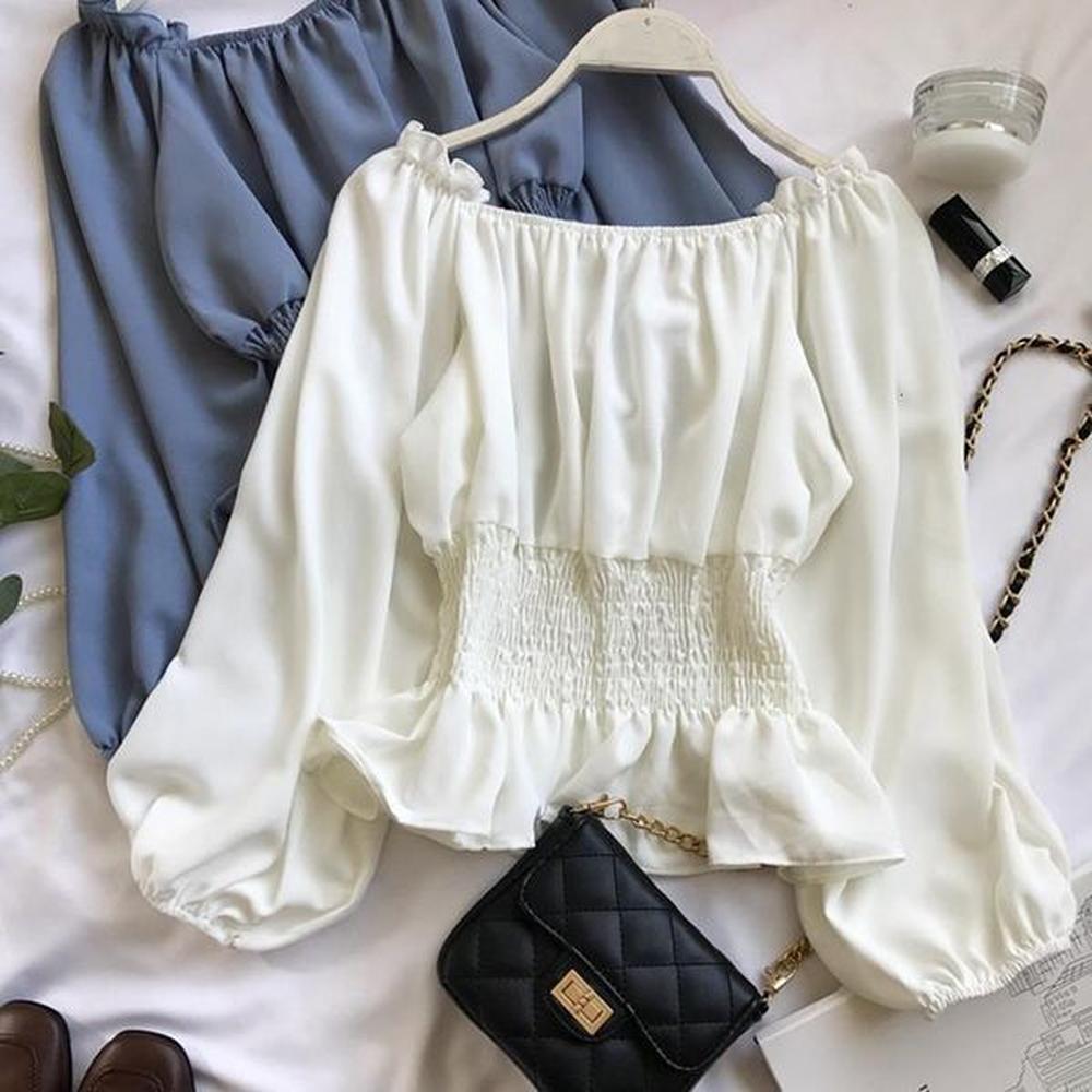 womens elegant chiffon off shoulder puff sleeve top casual white