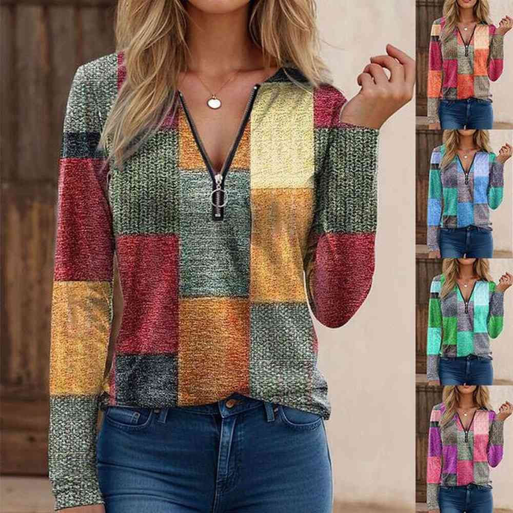 womens fashion casual loose print vneck zipper long sleeved cashmere