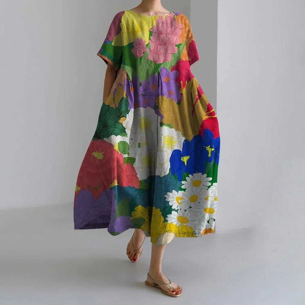 womens fashion colorful floral printing short sleeve dress elegant round