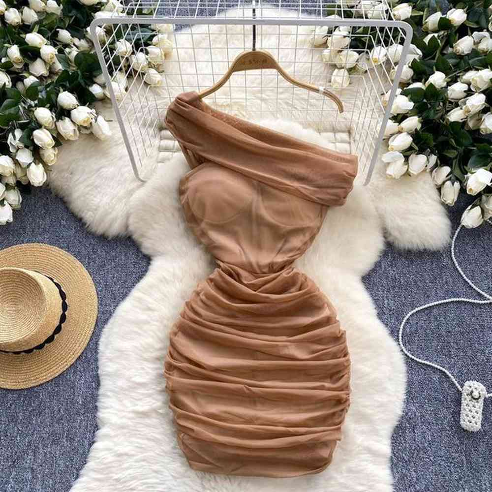 womens fashion diagonal neckline mesh ultrathin dress retro fashion vestido