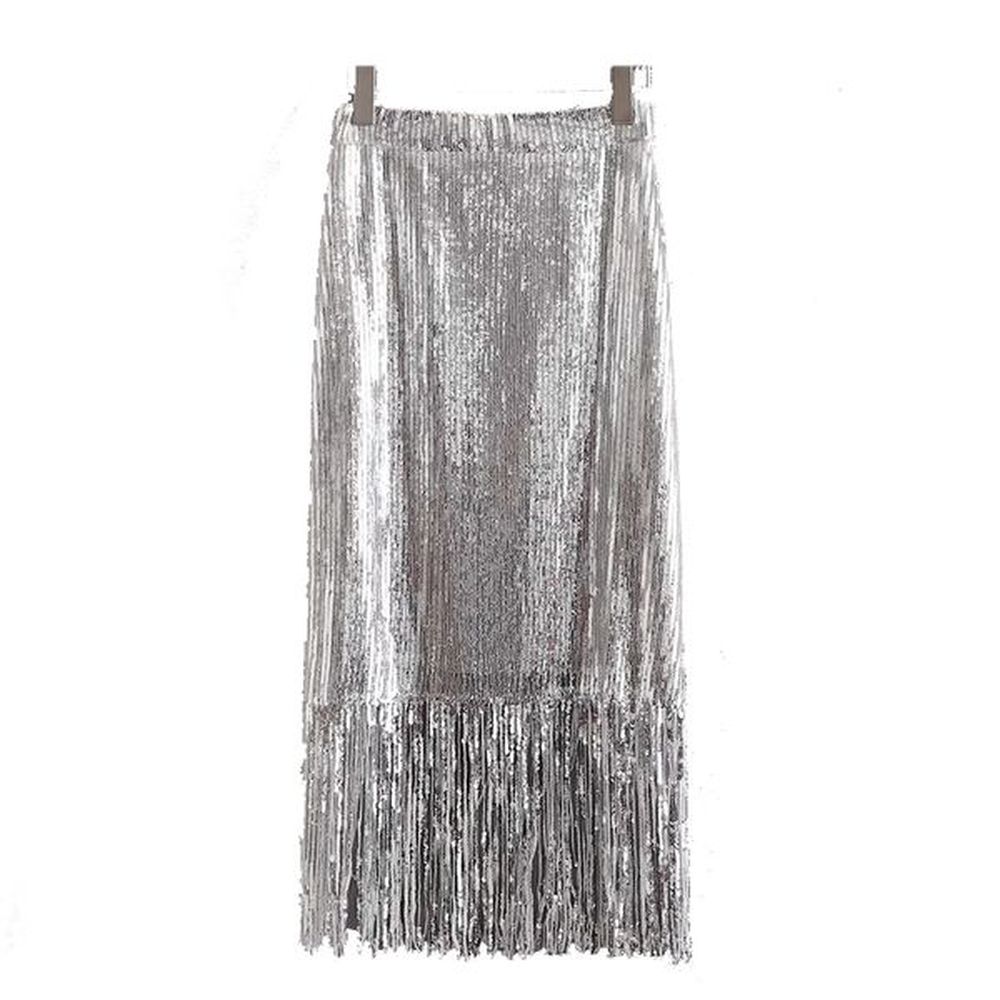 womens fashion overtheknee sequined temperament fringe skirt high waist midlength