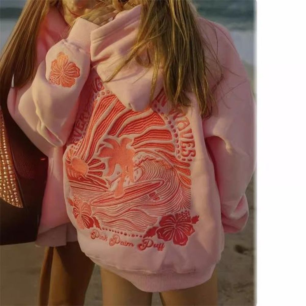 womens fashion pink palm puff embroidered hoodie autumn winter plus
