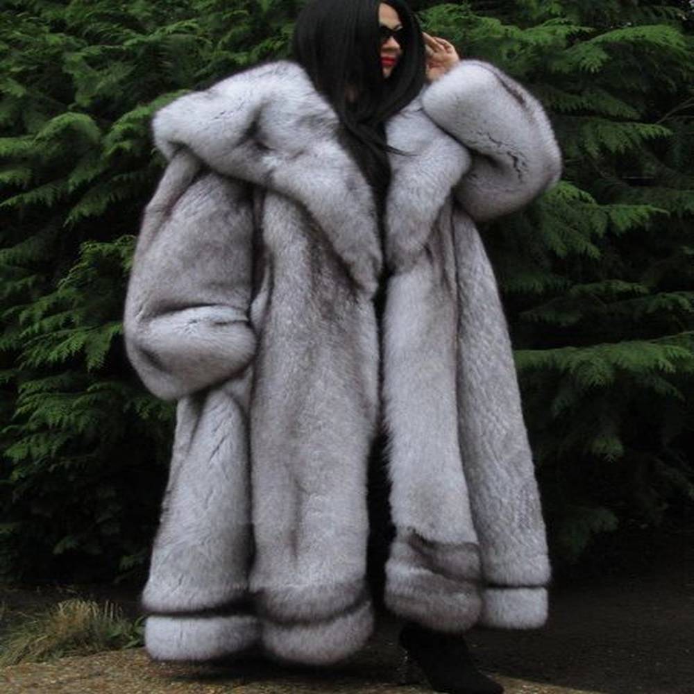 womens faux fur coat long hooded elegant fashion casual street