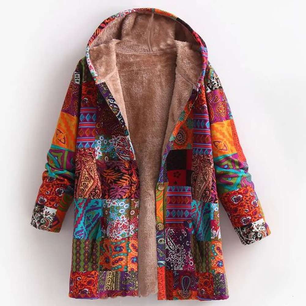 womens floral jacket large size warm plush retro oversized hooded