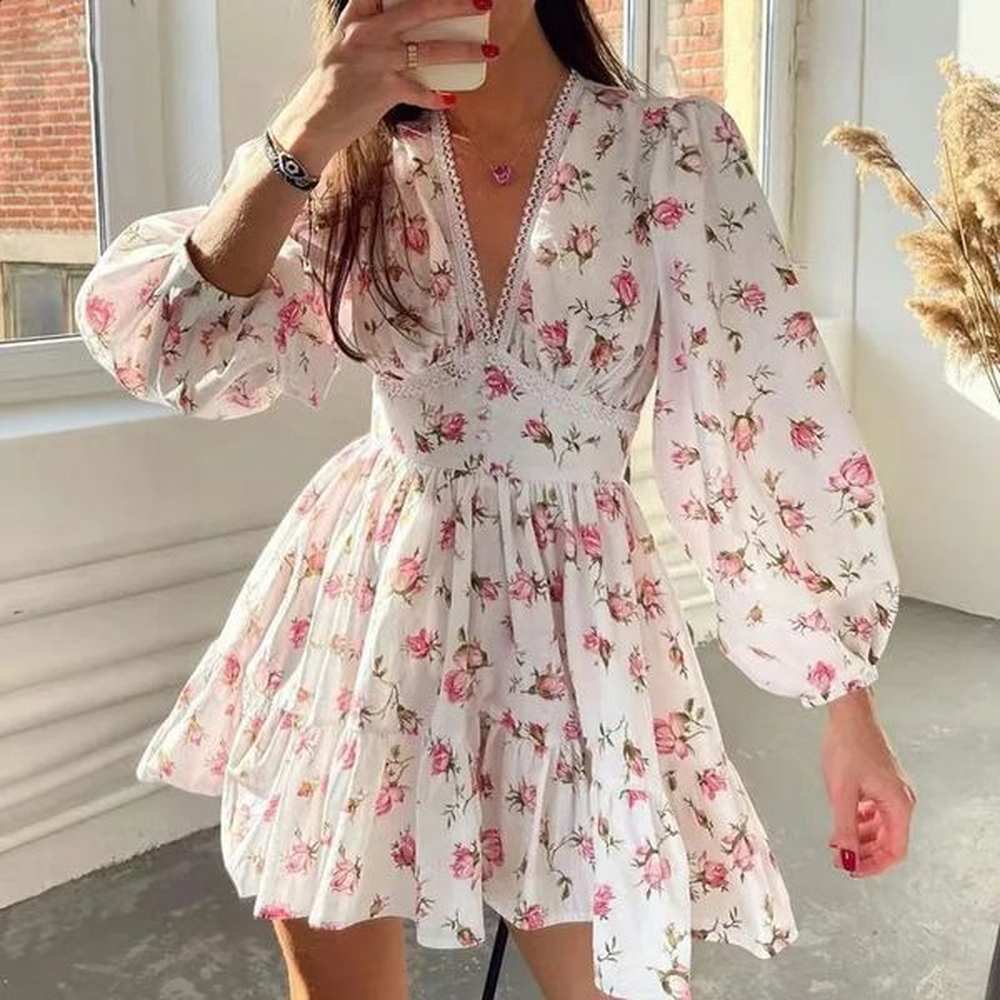 womens floral print mini dress high waisted aline summer autumn