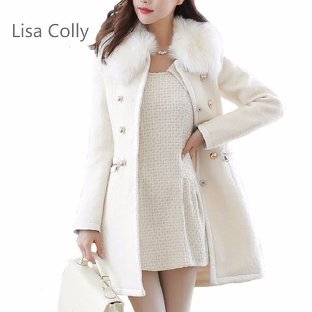 womens fur collar wool coat doublebreasted warm outwear jacket for