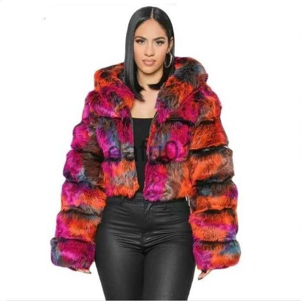 womens fur faux fur autumn and winter new hooded short