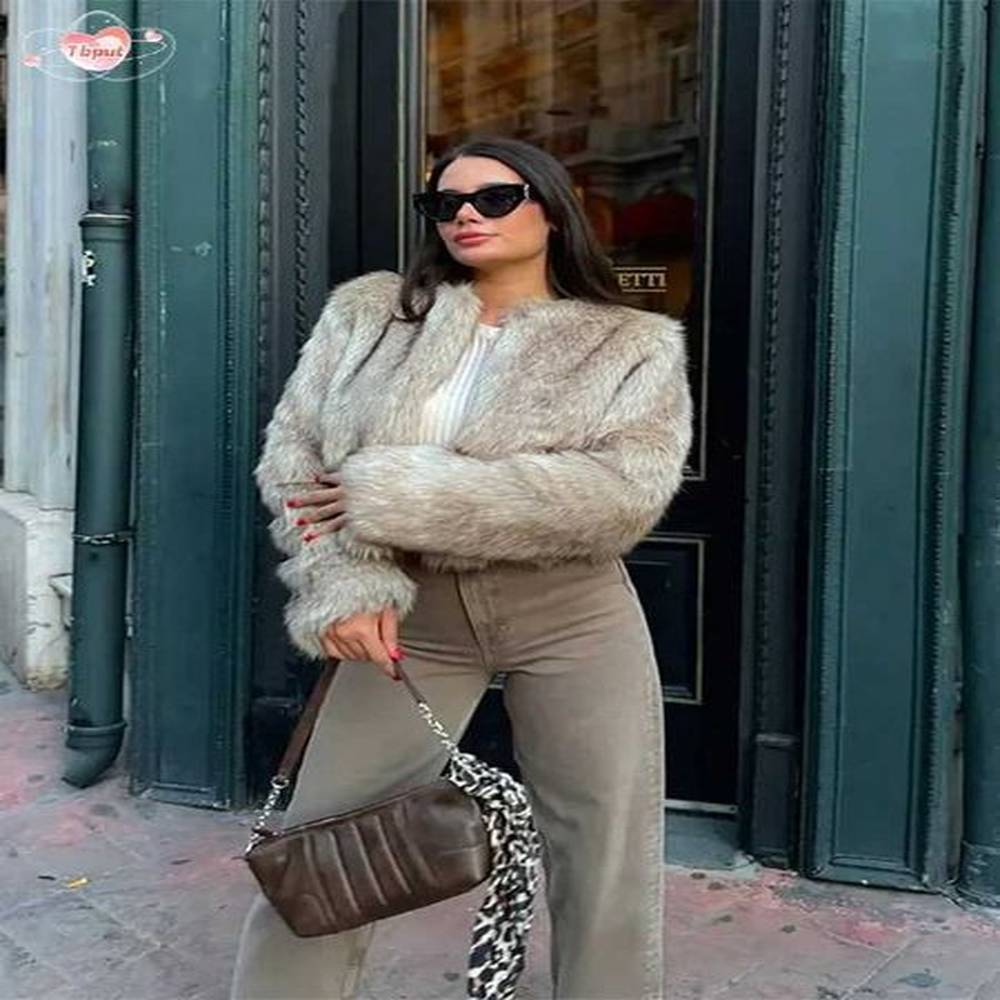 womens fur faux fur casual round neck long slfed womens