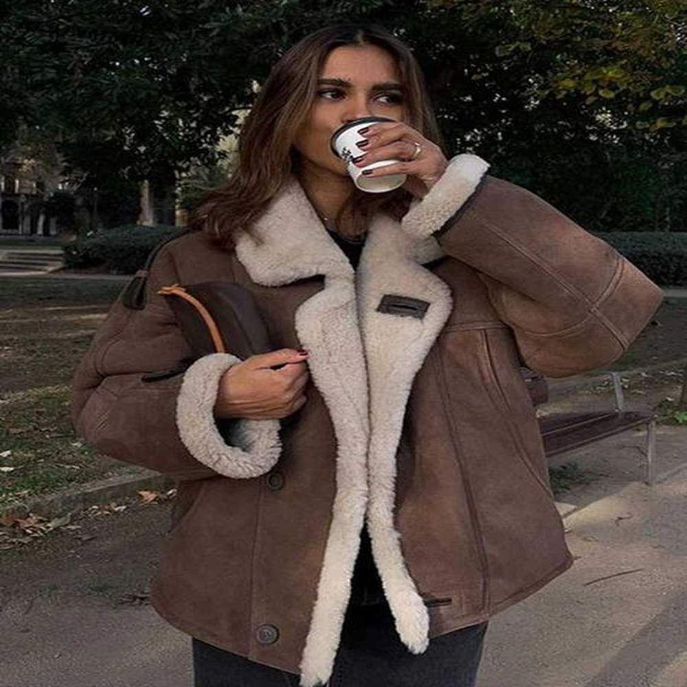 womens fur faux fur vintage dark brown lapel long slves