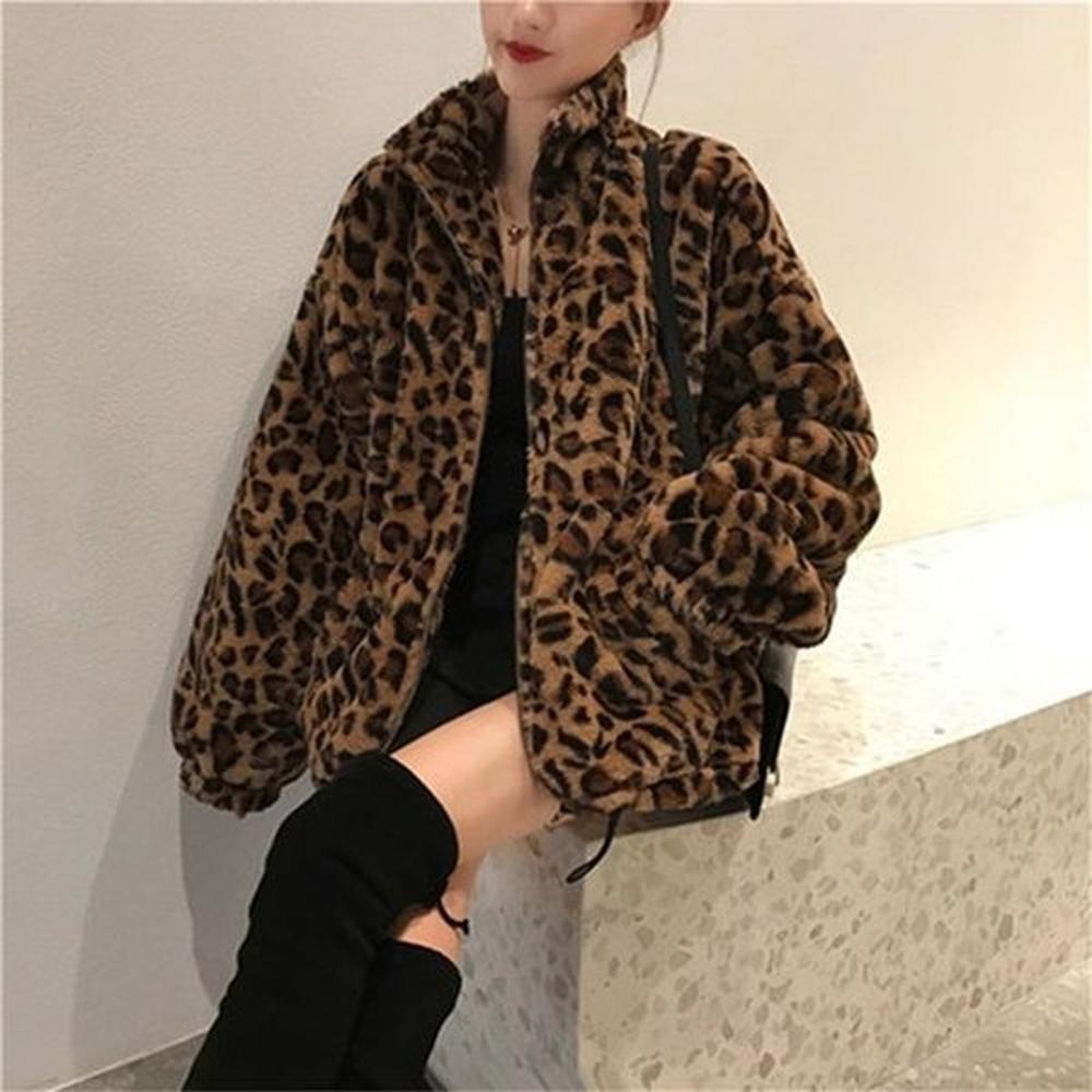 womens fur faux winter leopard print jacket stand collar warm