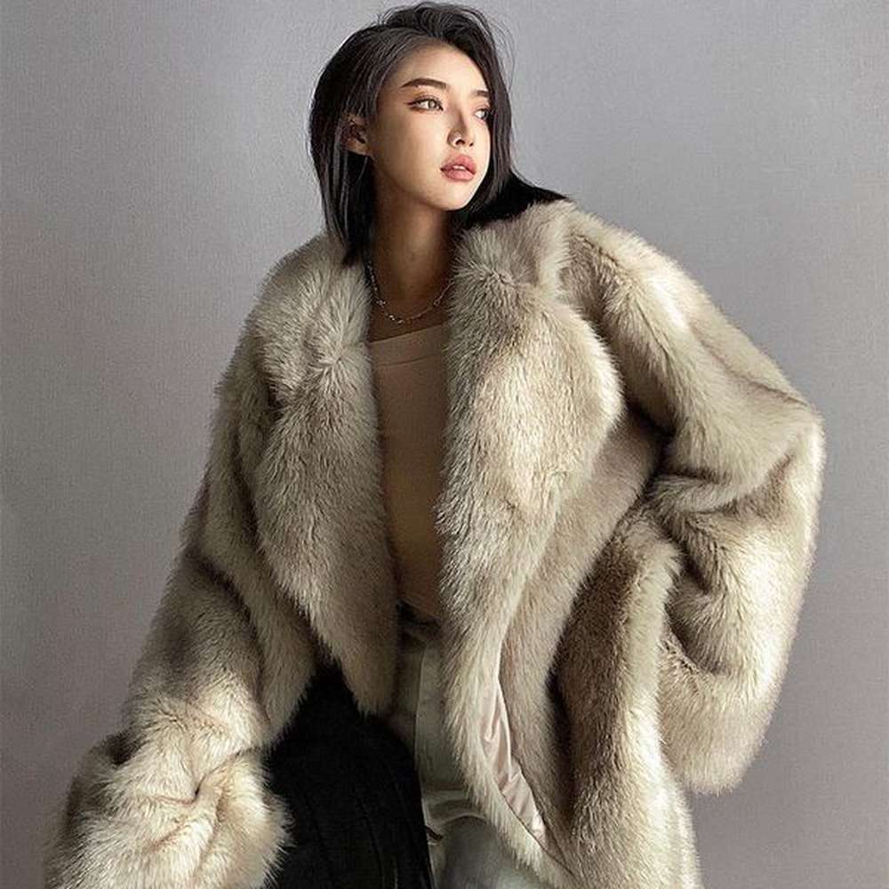 womens fur luxury lapel faux fluffy jacket coat women loose