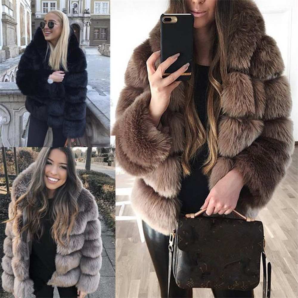 womens fur outwear thick warmer faux hooded coat long sleeve