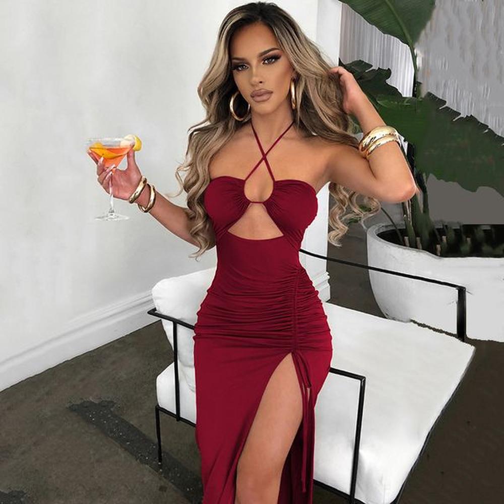 womens halter hollow out drawstring long dress women fashion sleeveless